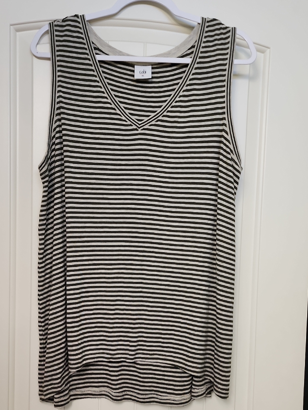 CAbi Olive and Gray Striped V-Neck Tank